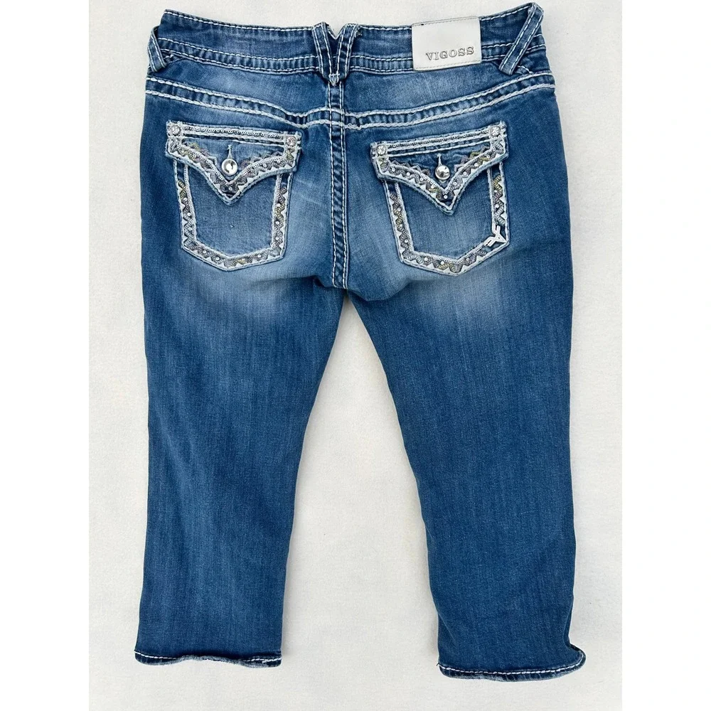 Vigoss The New‎ York Capri Jeans 31 Medium Wash Thick Stitch Rhinestone Cropped